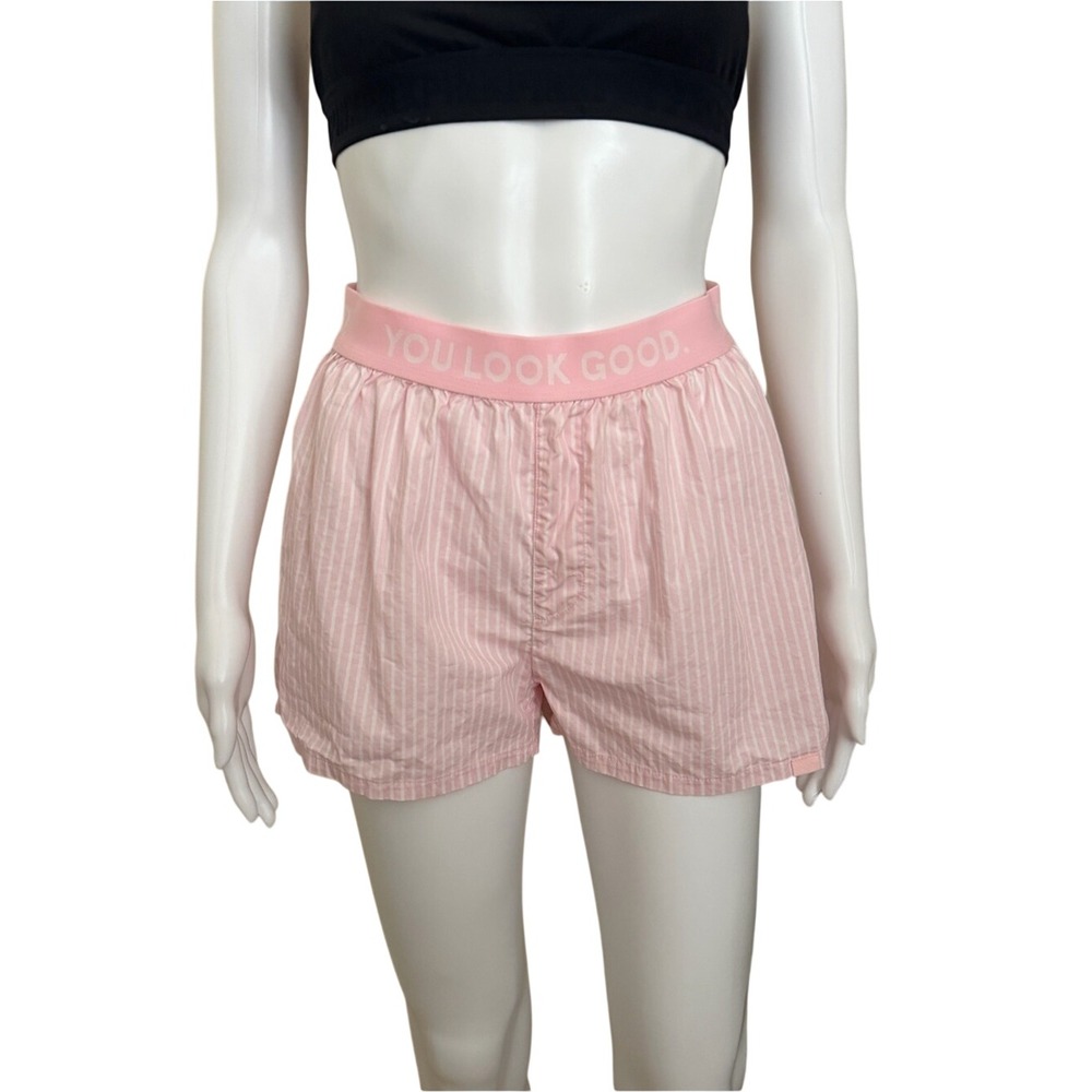 GLOSSIER "You look good" Pink White Striped Boxer Shorts Size Small